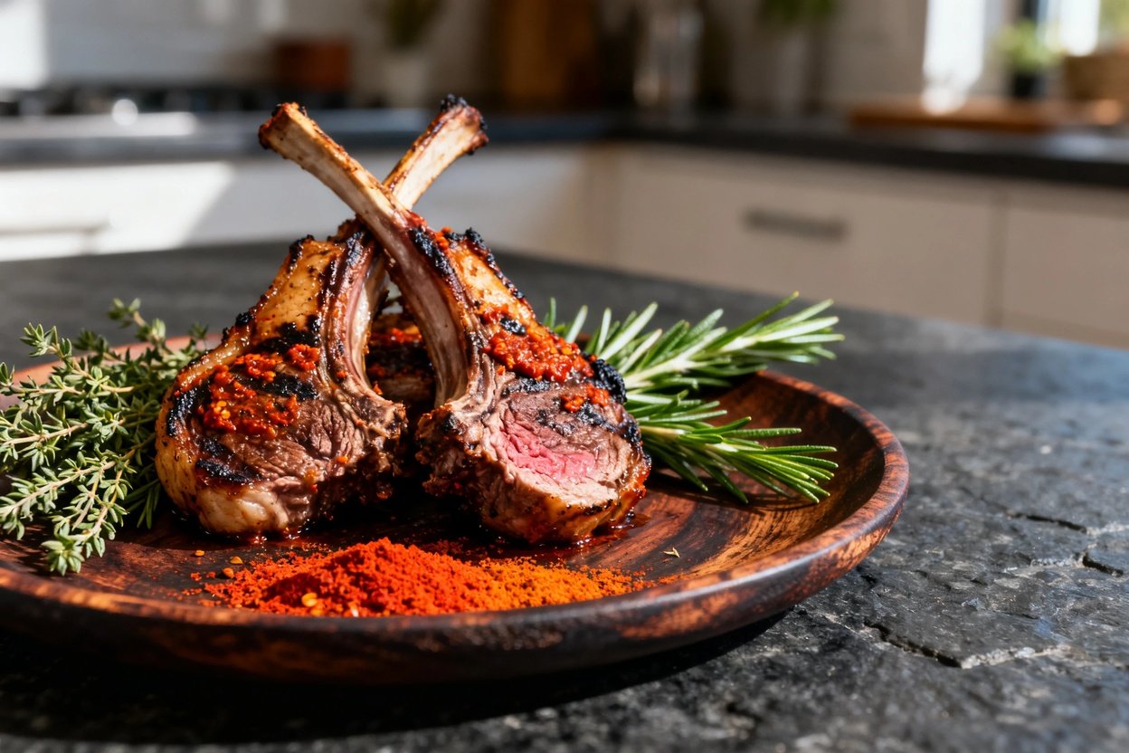 45-degree angle, focusing on the grilled lamb chops served on a dark wood plate