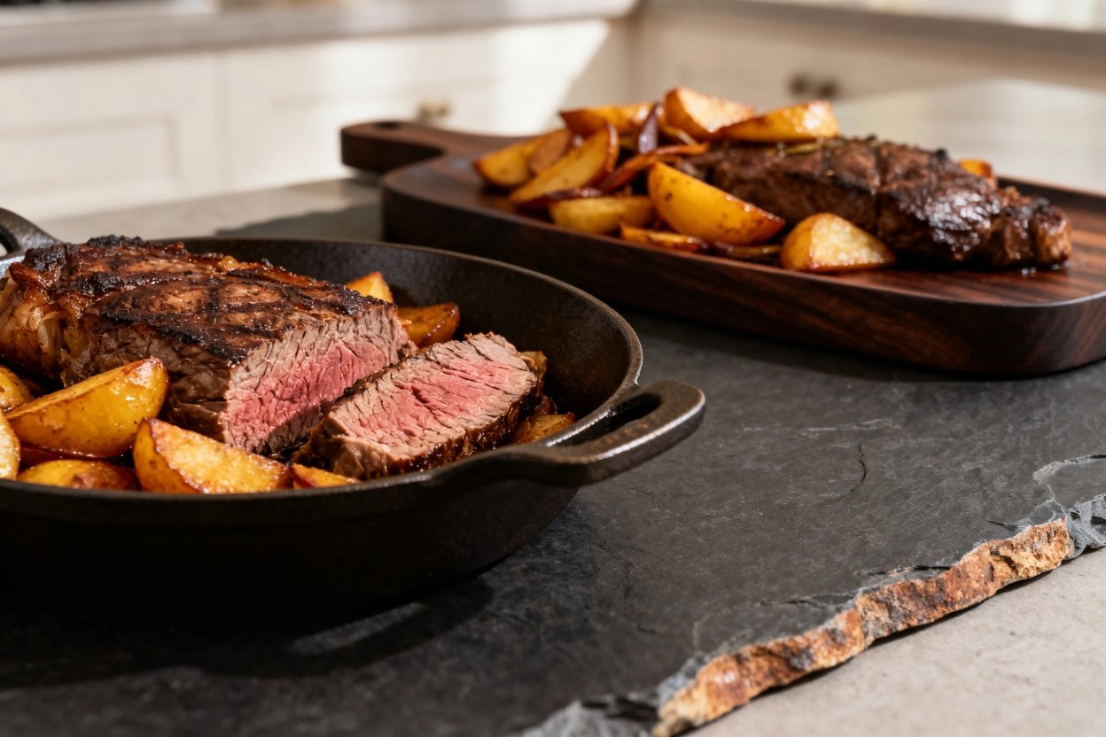Slightly angled perspective, approximately 30–40 degrees, this image showcases the same portion of the Paleo roast beef with root vegetables