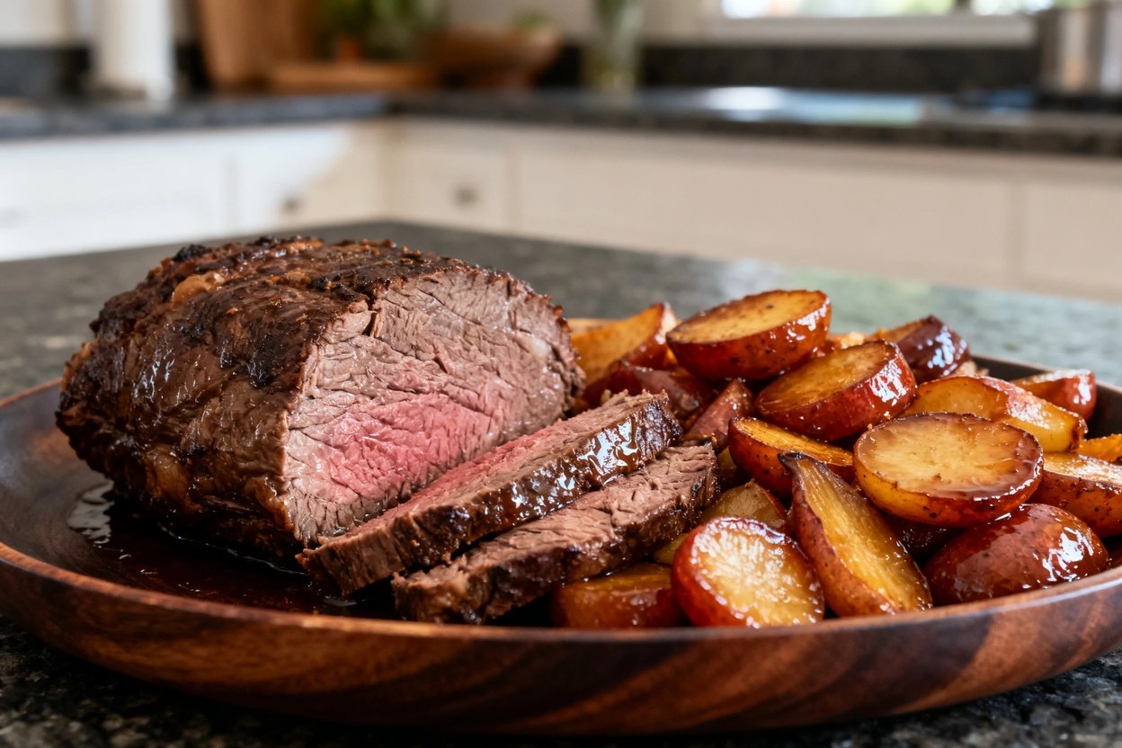Close-up 45-degree angle emphasizes the texture and succulence of the Paleo roast beef and caramelized root vegetables