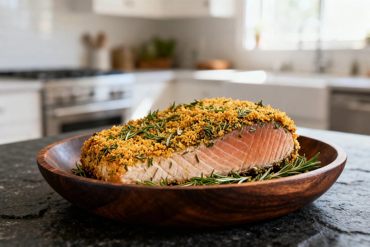 , approximately 30–40 degrees, camera perspective of the same herb-crusted baked tuna steak. The por