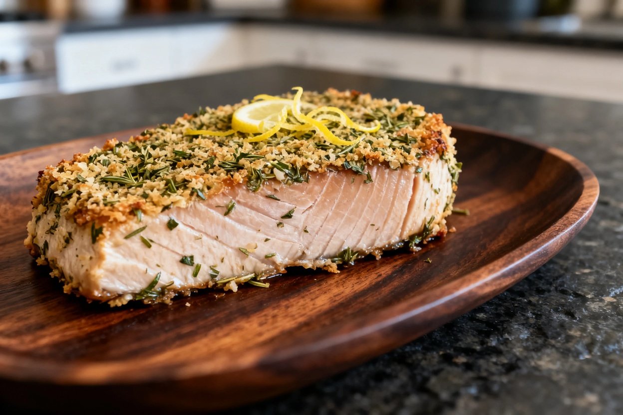 t at an angle, about 30–45 degrees, emphasizing the delightful texture of the herb-crusted baked tun