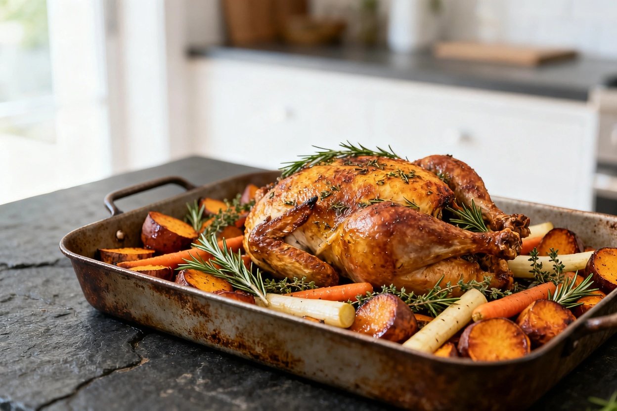 -40 degree perspective of the same Paleo herb-roasted chicken with caramelized root vegetables. The