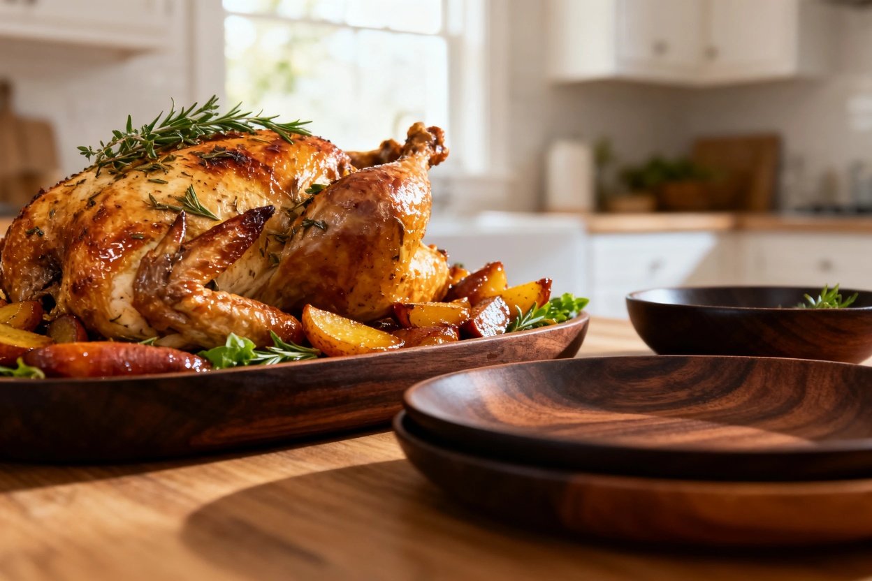 ximately 30-45 degrees, focusing on the texture of the Paleo herb-roasted chicken with caramelized r