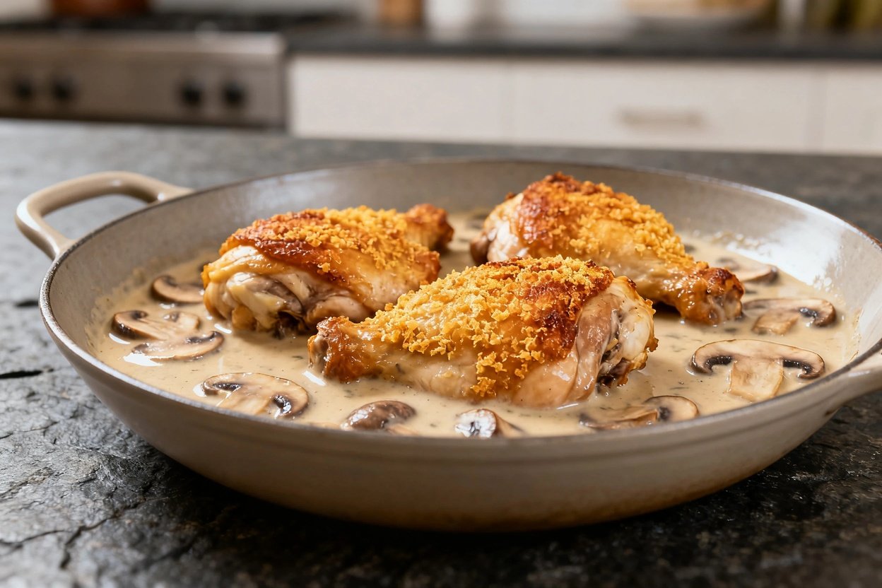 oximately 30–40 degrees, showcasing the crispy chicken thighs and creamy mushroom sauce, still empha
