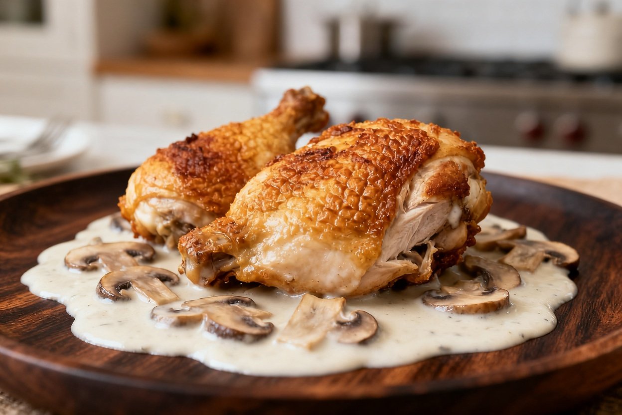 0–45 degrees, focusing on the texture of the crispy chicken thighs and the velvety mushroom sauce. P