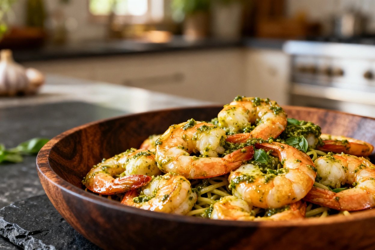 from a 30-40 degree angle, emphasizing the luscious basil pesto sauce coating the shrimp. The dish