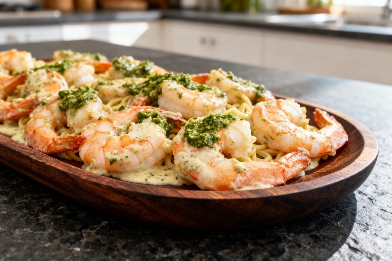 -45 degrees of the creamy garlic butter shrimp, plated on dark wood serving dishware. The shrimp and