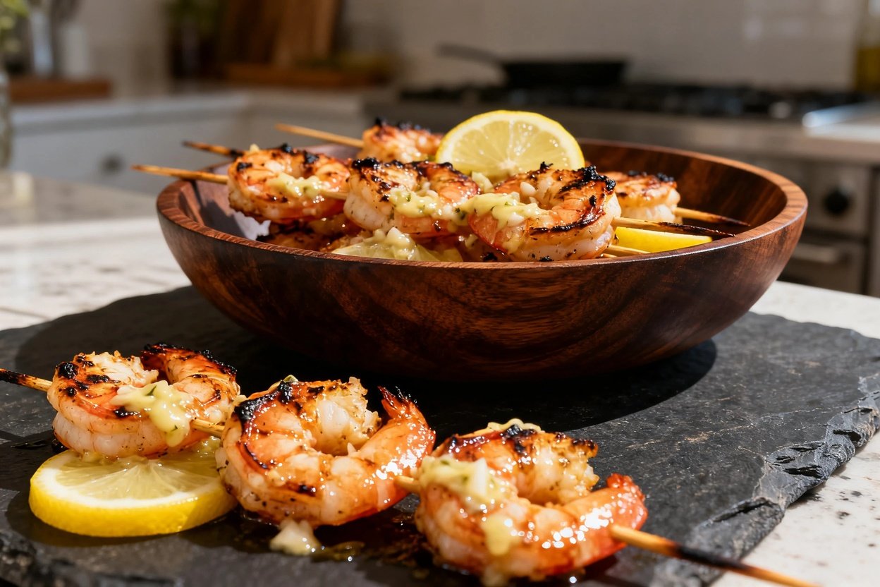 Shrimp skewers grilled to perfection with garlic butter and lemon. These skewers are presented in a dazzling display.