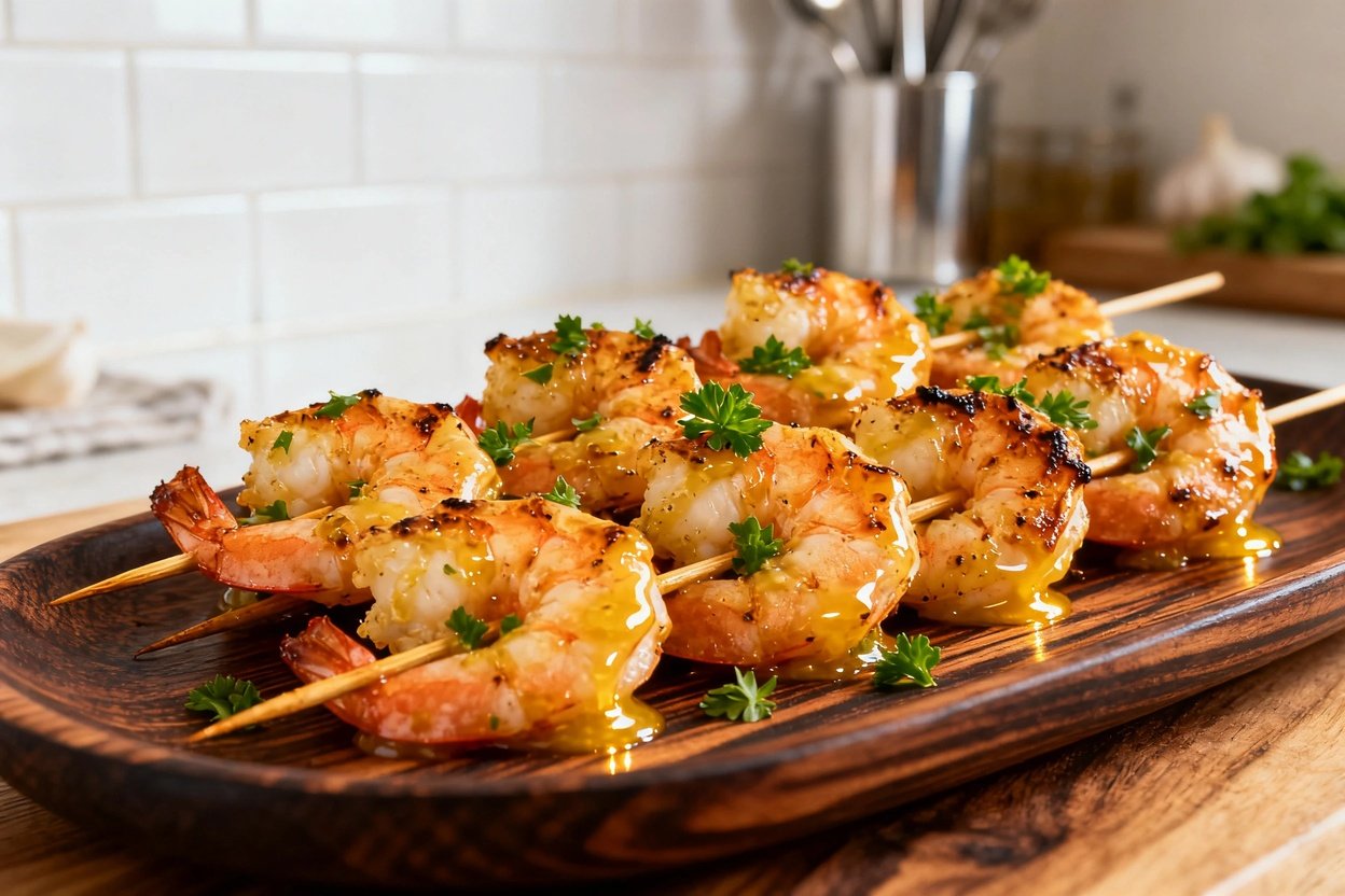 Angled shot of the garlic butter shrimp skewers, focusing on their rich texture and savory appeal. The dish seems irresistible.