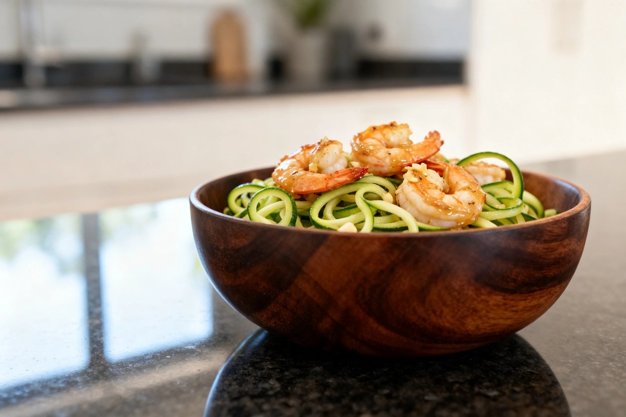 image presents the same portion of sautéed shrimp and spiralized zucchini noodles as in Image 1. The