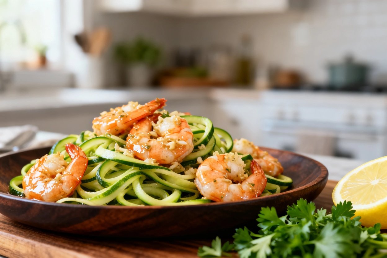 ly 40 degrees captures the texture of the shrimp and zucchini noodles plated on a dark wood dish. Th