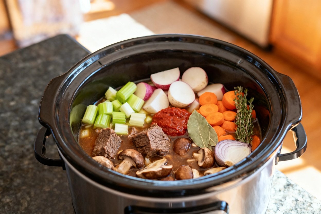 ew is centrally displayed in its final cooking vessel, rich with meaty chunks of chuck roast, diced 