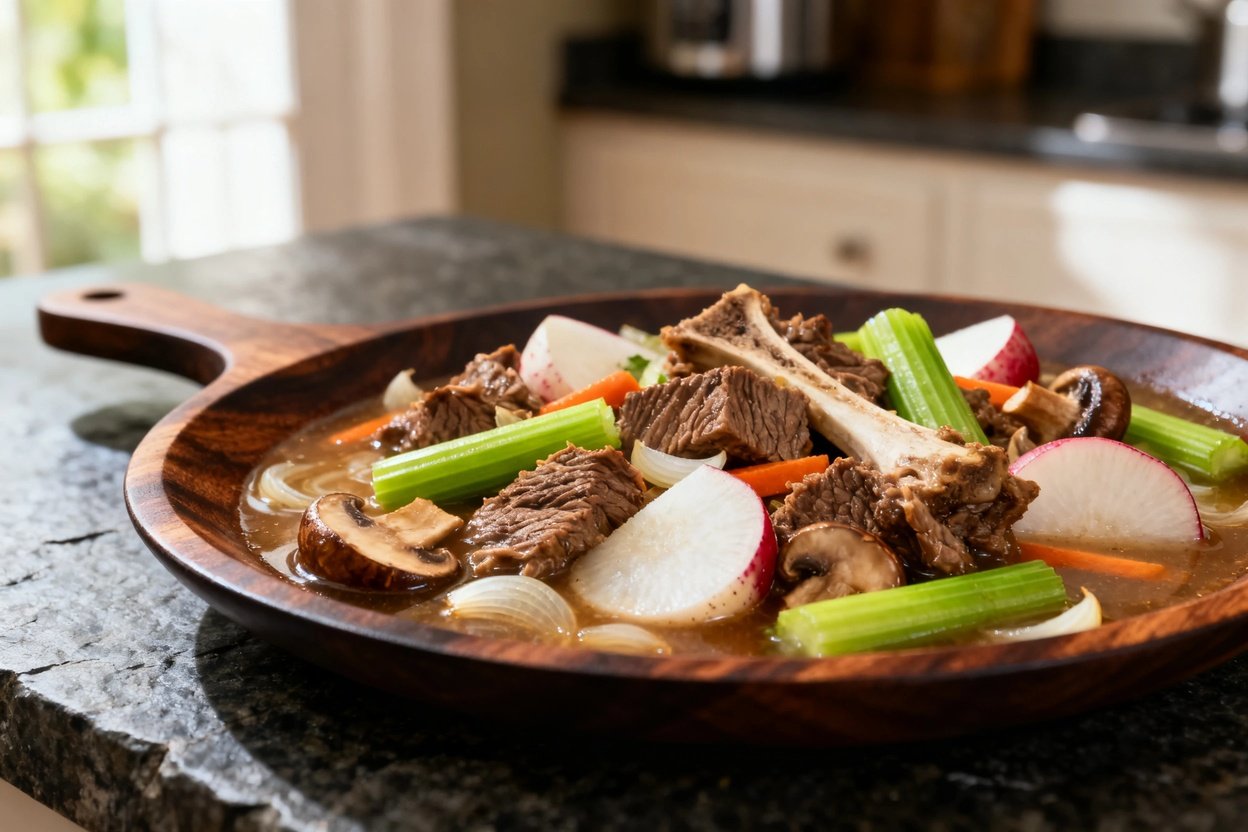 ) of the Keto Instant Pot Beef Stew, arranged intricately on a dark wood serving dish. The frame hig