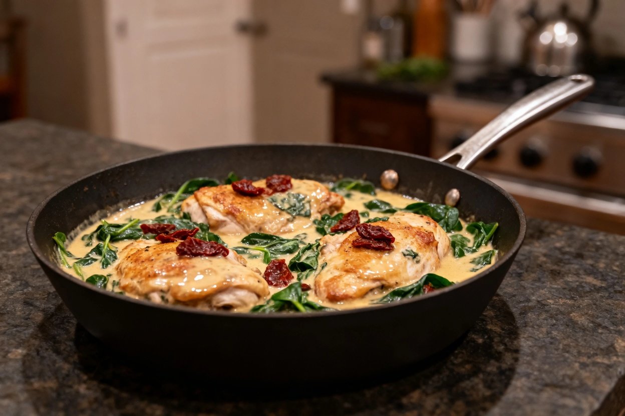 of the Keto Tuscan Chicken Skillet in the pan it was cooked in. The same portion and presentation a
