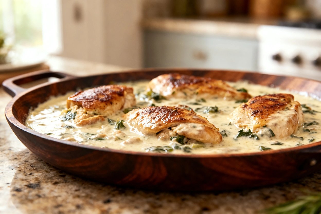f the Keto Tuscan Chicken Skillet, plated on dark wood serving dishware. The dish is centered and fi