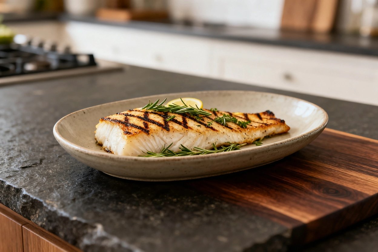 perspective (30–40 degrees) of the Lemon Herb Grilled Cod, resting in the final cooking vessel, a n