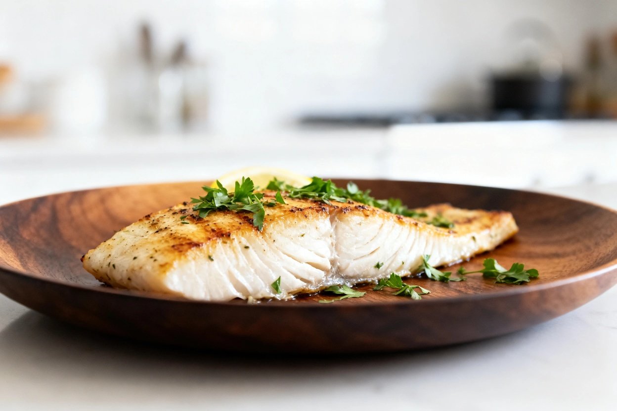 shot (30–45 degrees) of the Lemon Herb Grilled Cod, centered on a dark wood serving plate, highligh