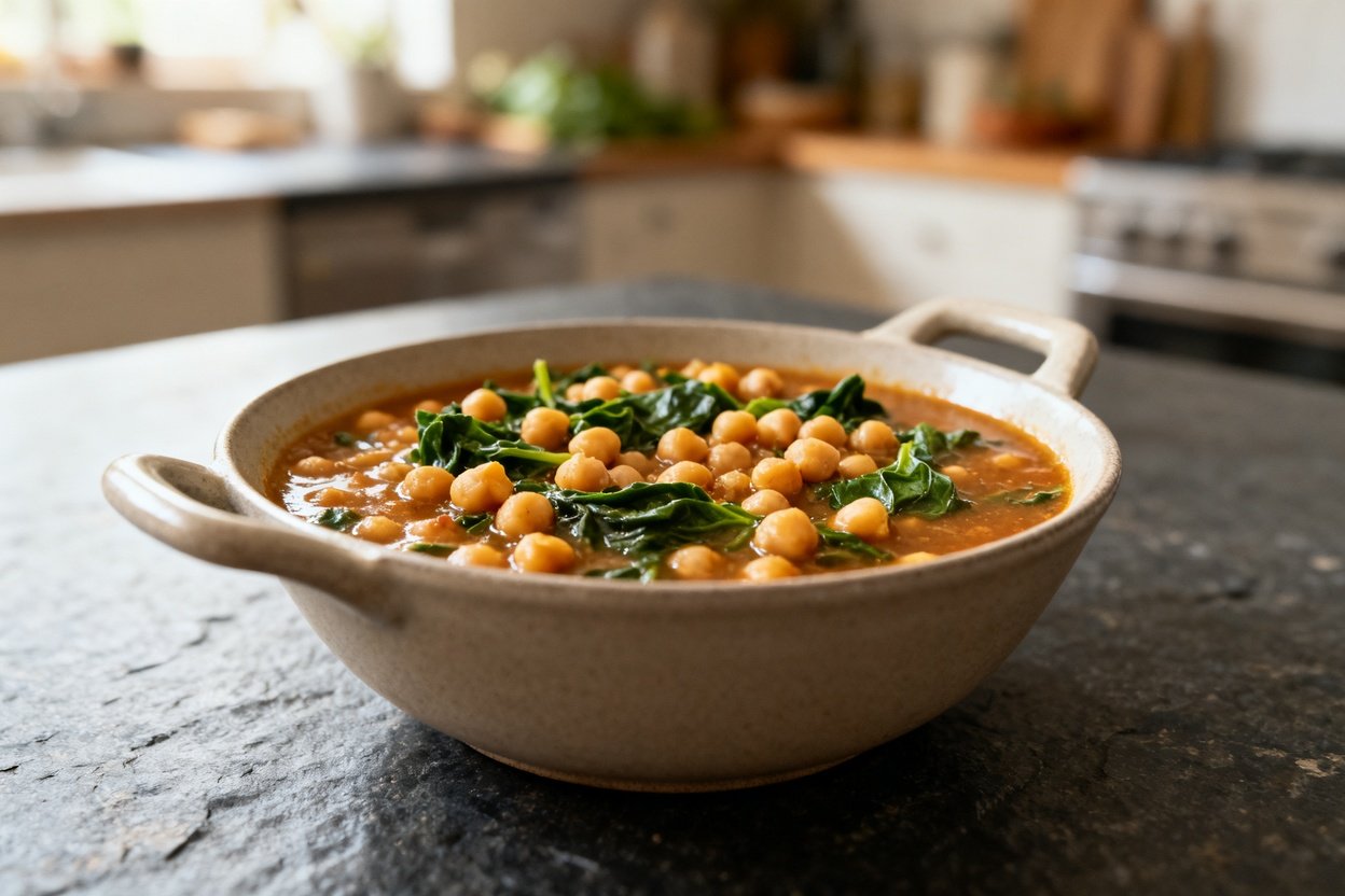 Alternative view of the Longevity Chickpea and Spinach Stew. The stew is presented in a medium-sized neutral ser