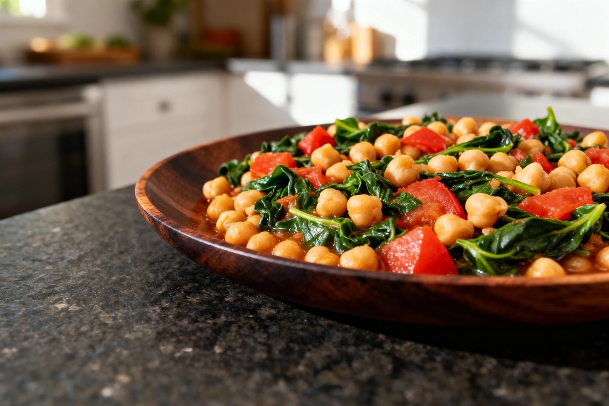 Close-up details of the Longevity Chickpea and Spinach Stew. The dish is plated o