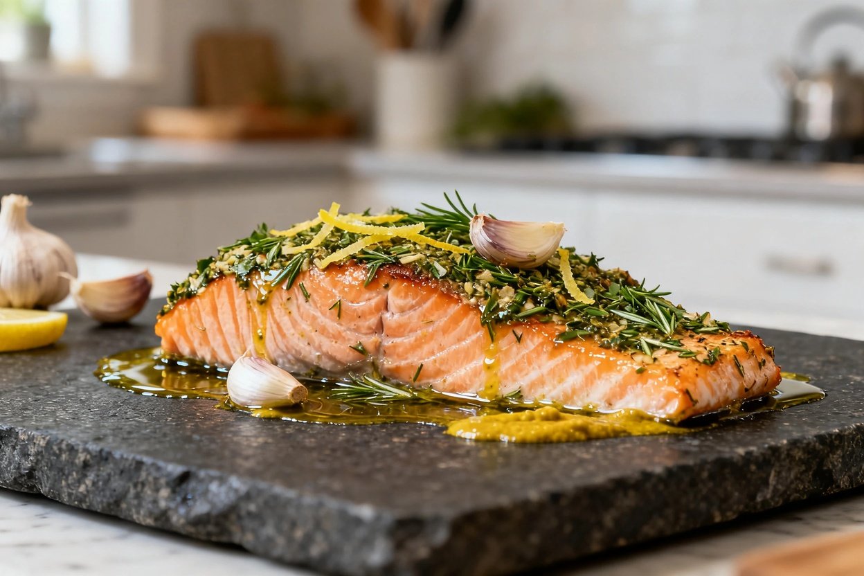 of approximately 30–40 degrees reveals the same herb-crusted baked salmon portion as in Image 1. Th