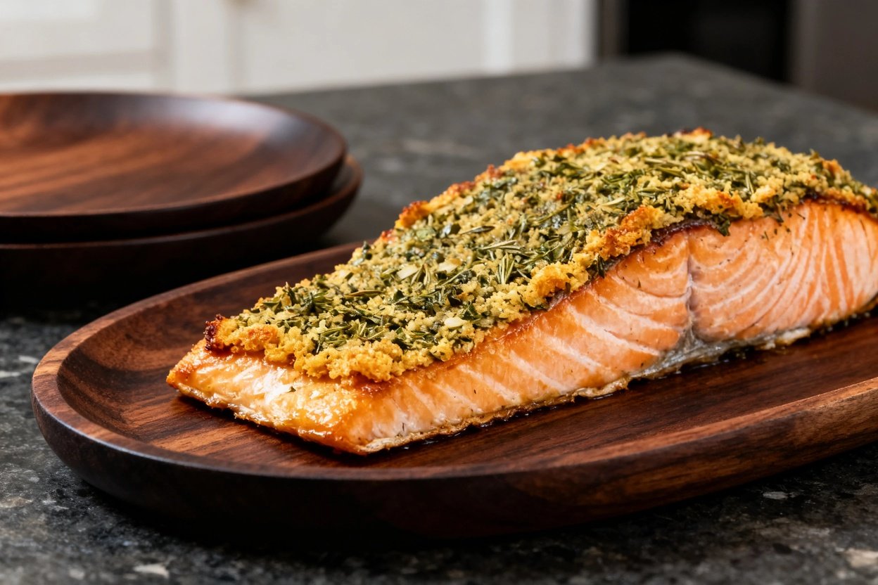 egrees emphasizes the texture of the herb-crusted baked salmon. The focus on the textures highlights
