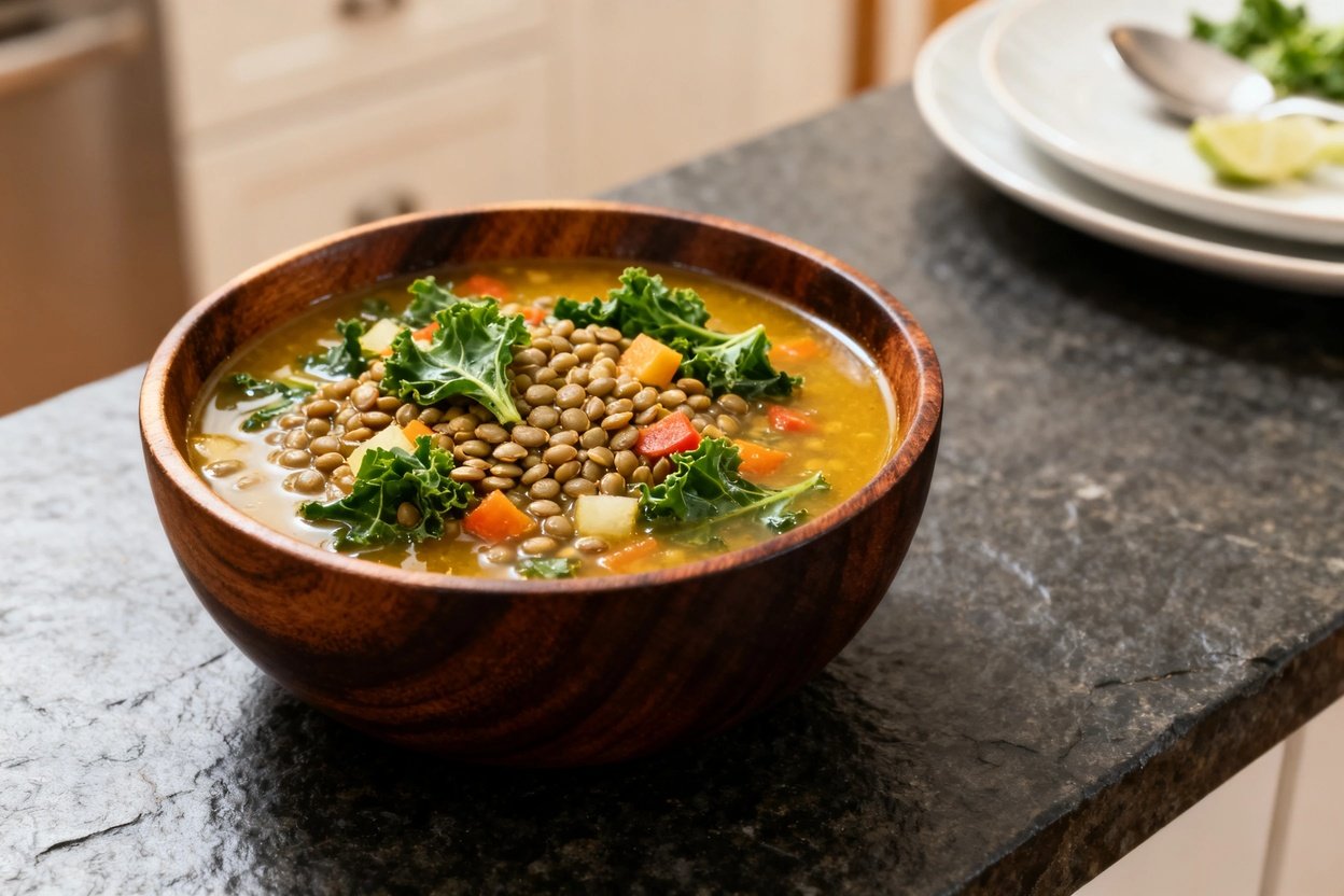 erspective of the Longevity Lentil and Kale Soup, still in the dark wood bowl used for initial servic