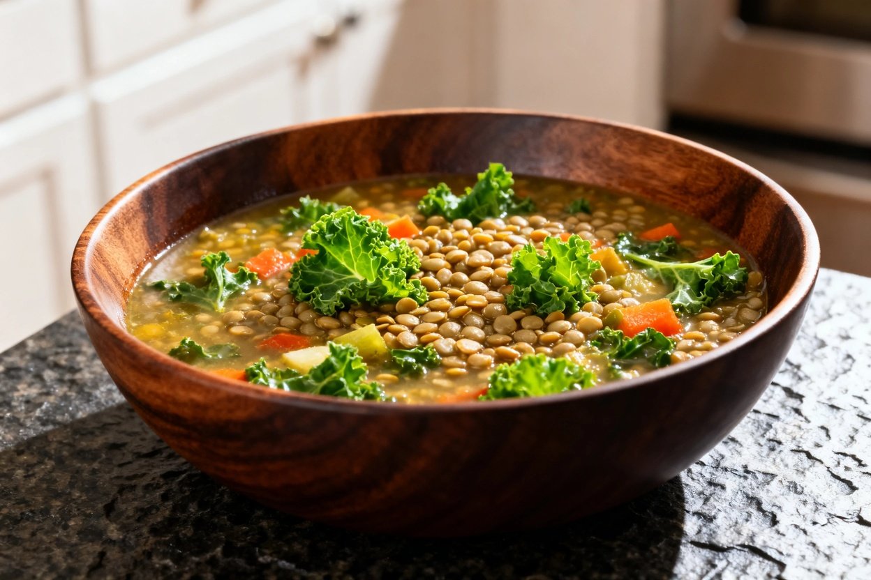 w of the Longevity Lentil and Kale Soup, highlighting the vibrant textures of the ingredients. The r