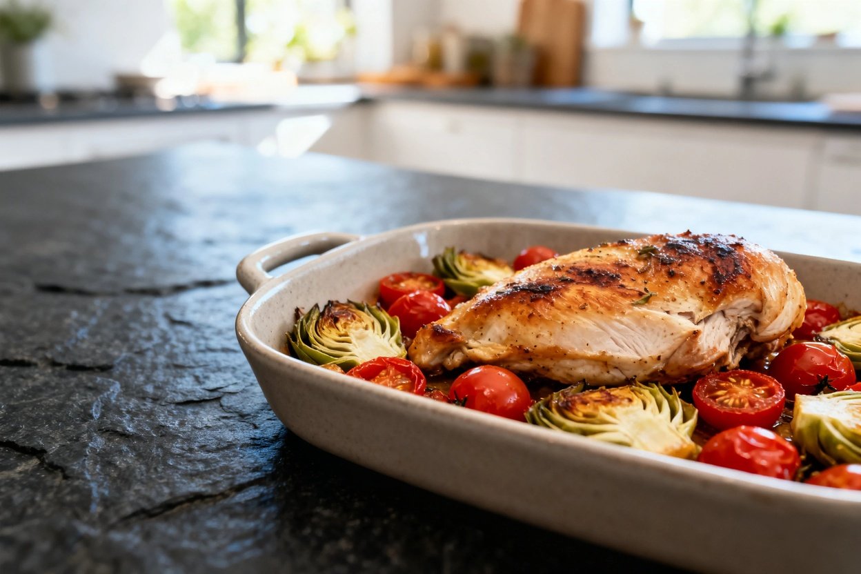 –40 degrees perspective of the Mediterranean Baked Chicken dish. The portion remains consistent, wit