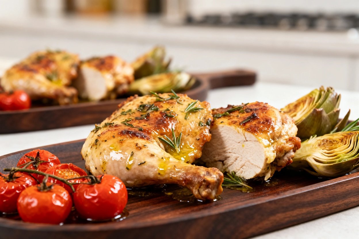ees, focusing on the texture and detail of the Mediterranean Baked Chicken. The chicken's juicy, wel