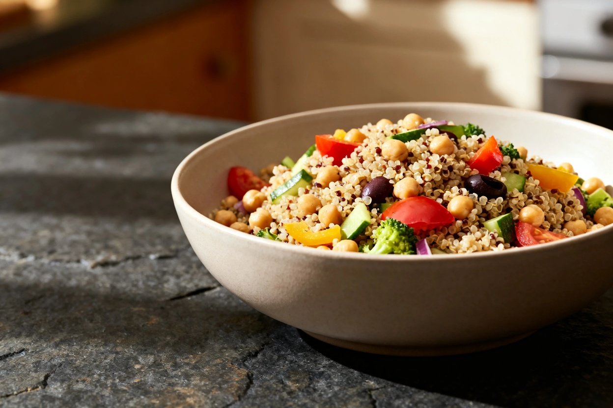 Perspective showcasing the Longevity Mediterranean Quinoa and Chickpea Salad