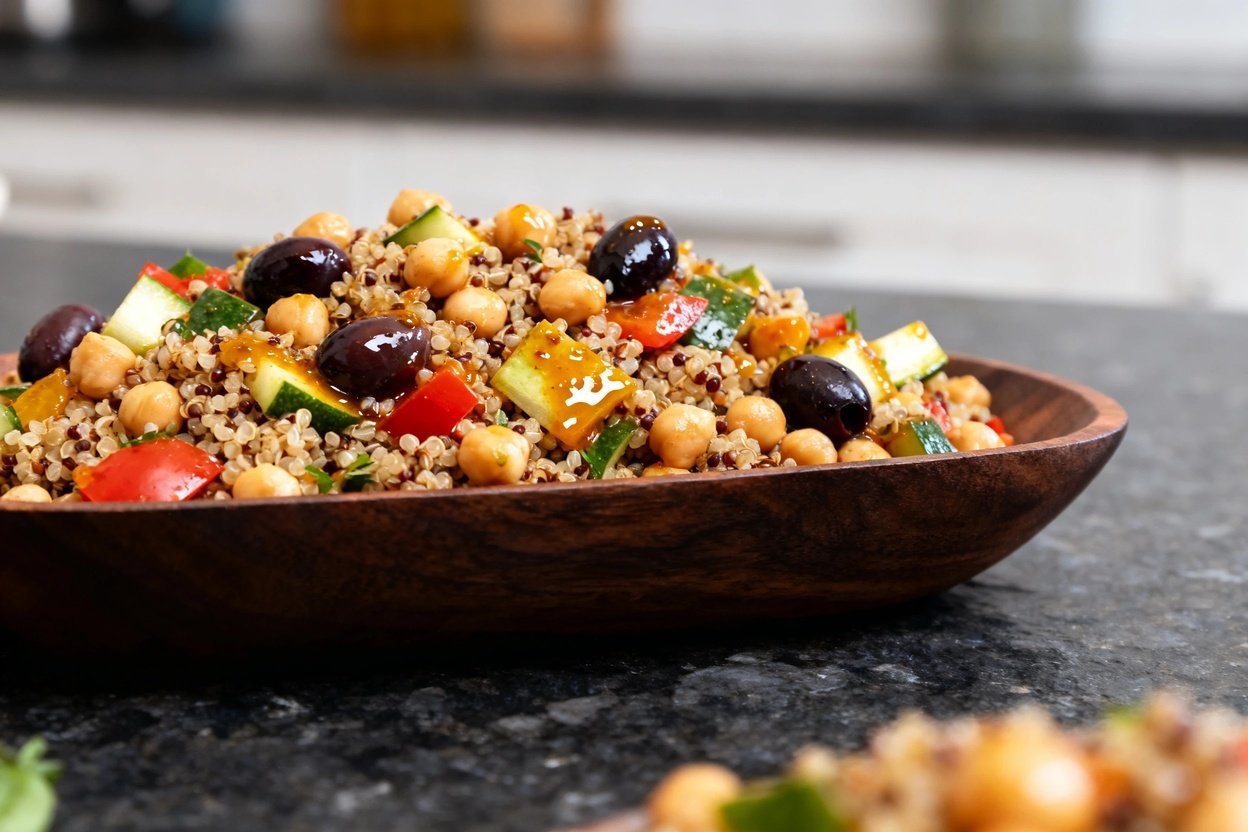 Texture of the brightly colored Longevity Mediterranean Quinoa and Chickpea Salad