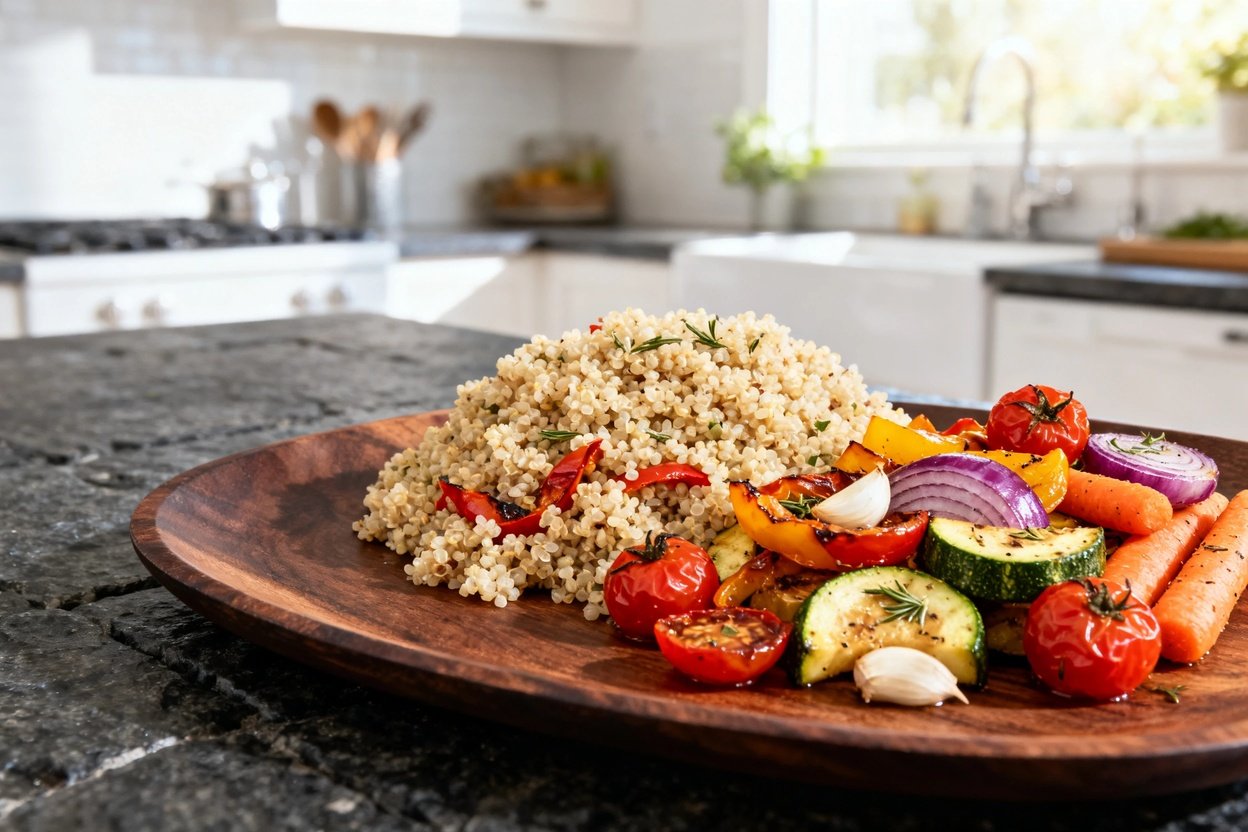 ngevity Quinoa and Roasted Vegetable Bowl, with focus on the textures of fluffy quinoa mixed with th