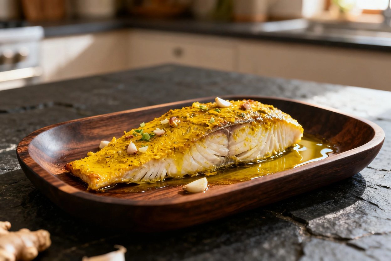 A close-up of a golden-baked cod fillet with a marinade of turmeric, ginger, lemon juice, minced garlic, and olive oil.
