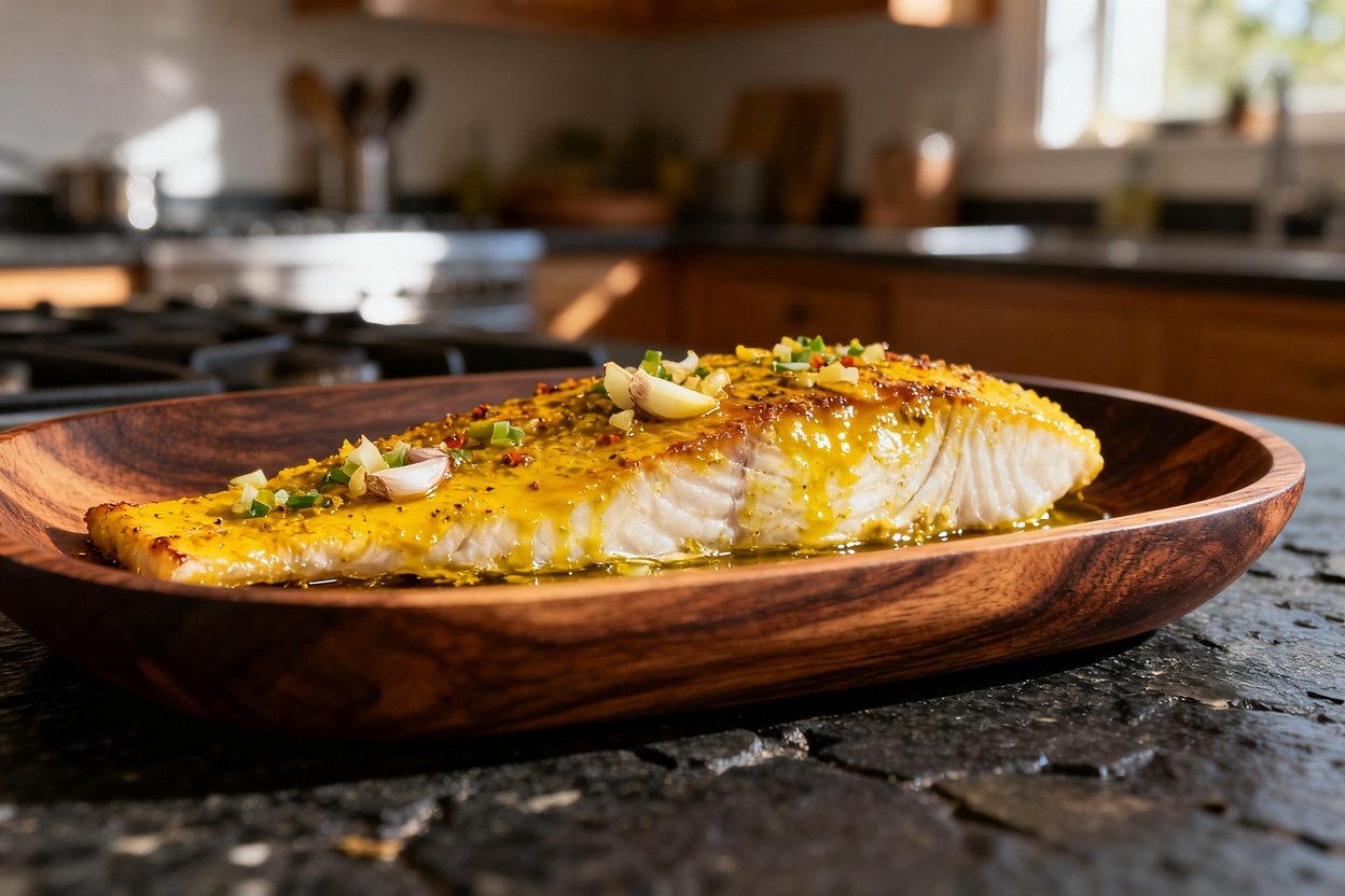 A detailed view highlighting the texture of the baked cod fillet with turmeric, ginger, lemon juice, and garlic.
