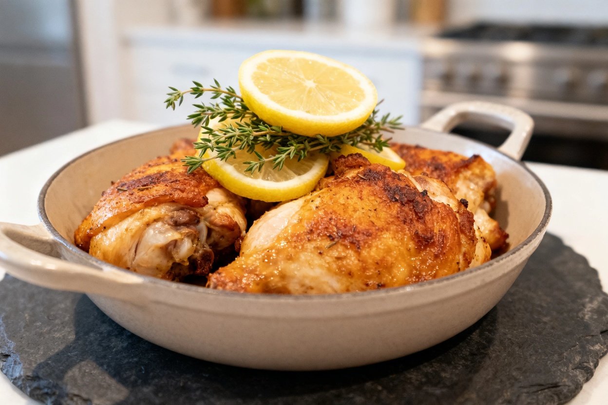 oximately 30–40 degrees, showcasing the same low-carb lemon thyme chicken thighs in a neutral servin