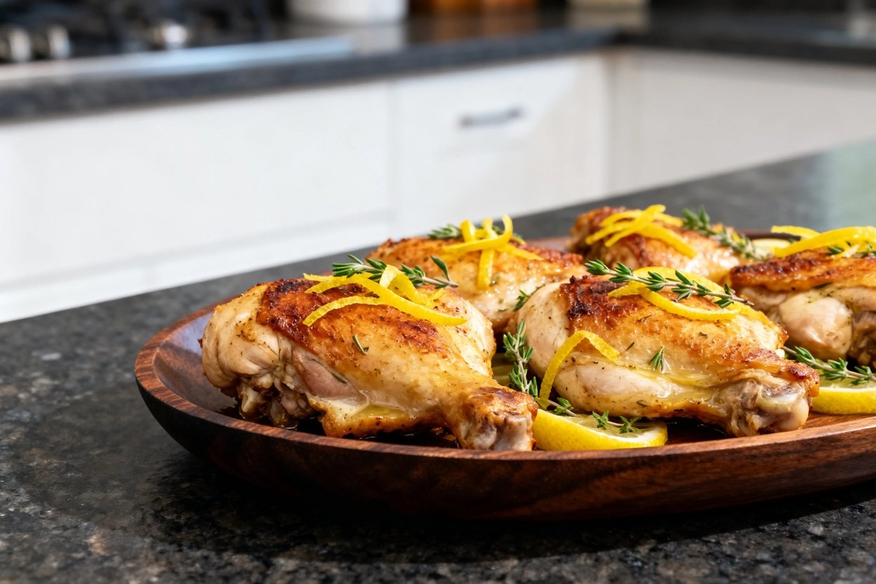 45 degrees, focusing on the texture of the low-carb lemon thyme chicken thighs, plated on dark wood