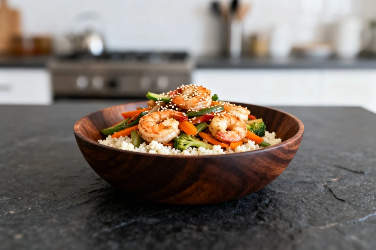 imp stir fry as Image 1, photographed at a 30–40 degree angle, presented in a dark wood bowl, allowi