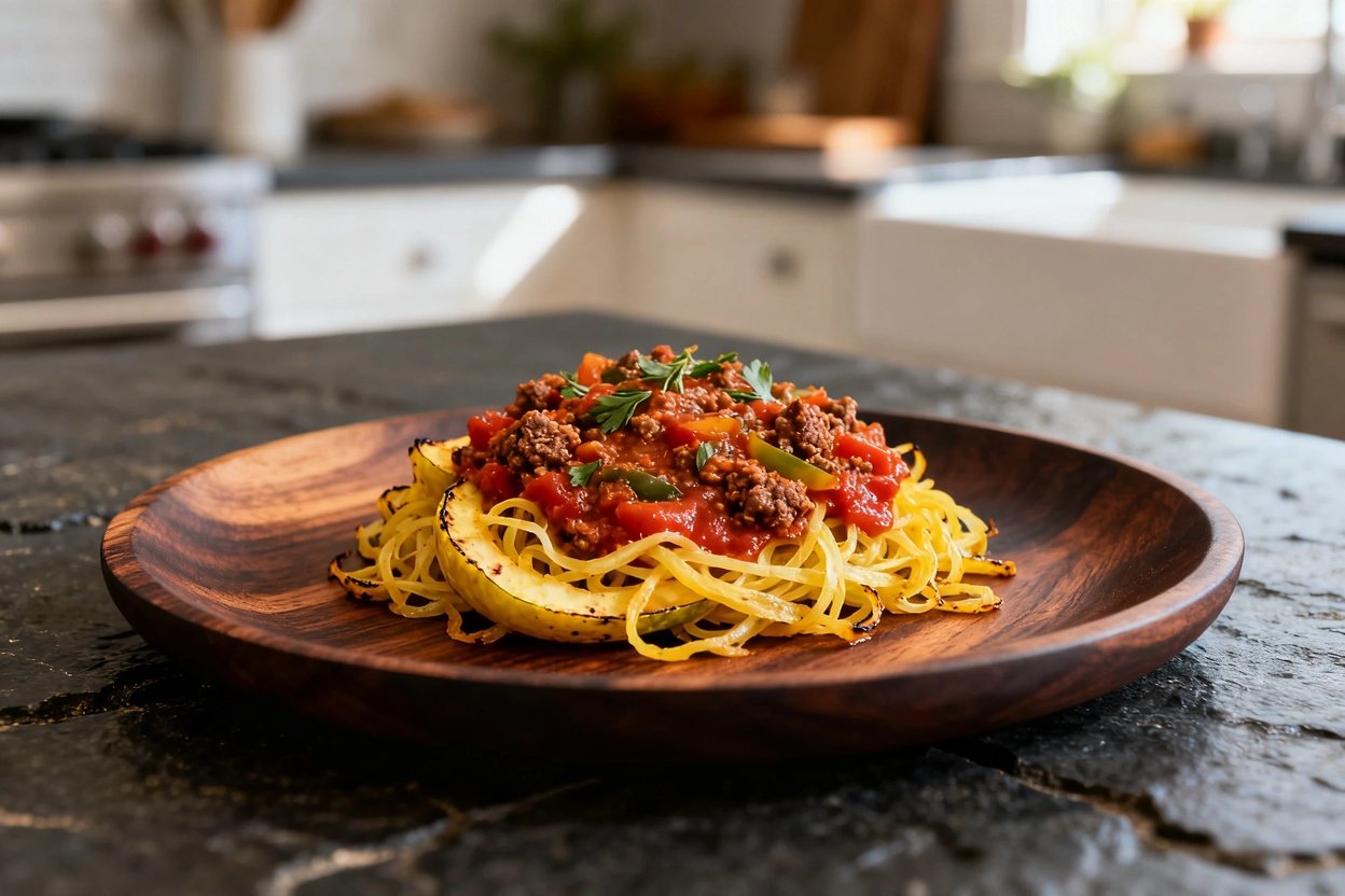 ly 30-40 degrees) capturing the same portion of low carb spaghetti squash Bolognese on a dark wood s