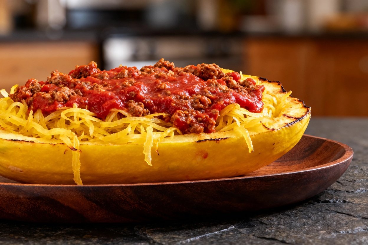 hero shot (approximately 30-45 degrees) focusing on the texture and details of the low carb spaghett