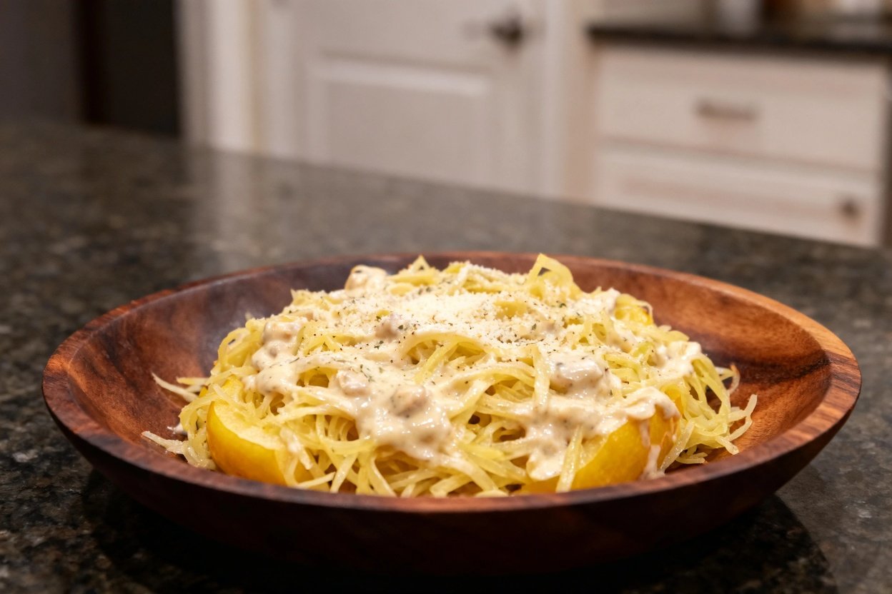 Spaghetti squash dish served with garlic parmesan sauce. The camera is angled at approximately 30–40 degree.