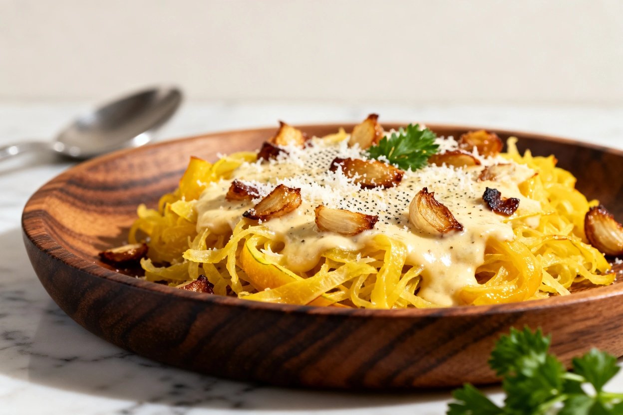 Spaghetti squash dish with garlic parmesan sauce. The camera captures the dish at a 30–45 degree angle.