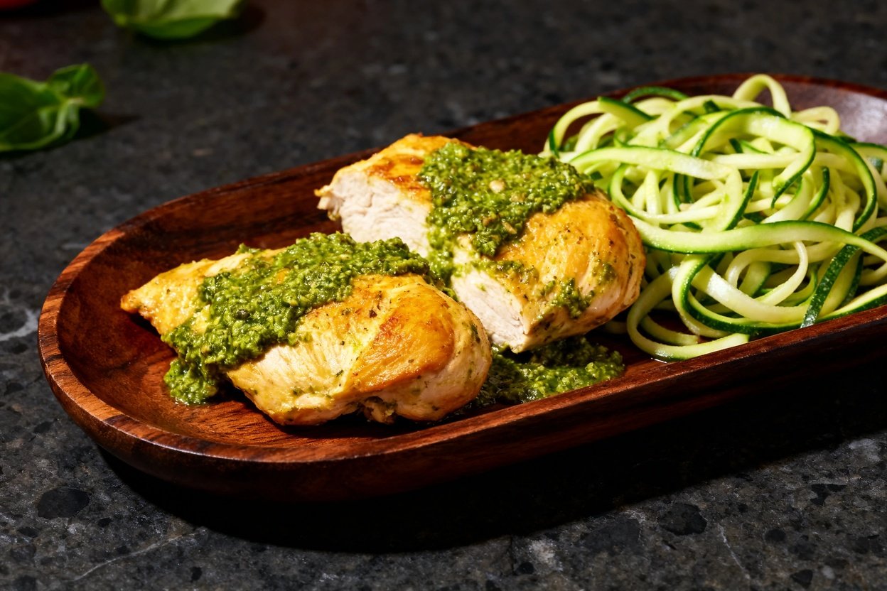 asing the rich texture of the pesto-coated chicken and zucchini noodles. The dish is presented on th
