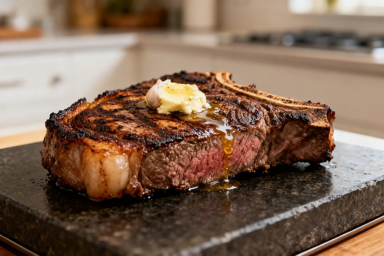 eye steak, now presented at a slight 30-degree angle, highlighting its perfectly seared exterior and