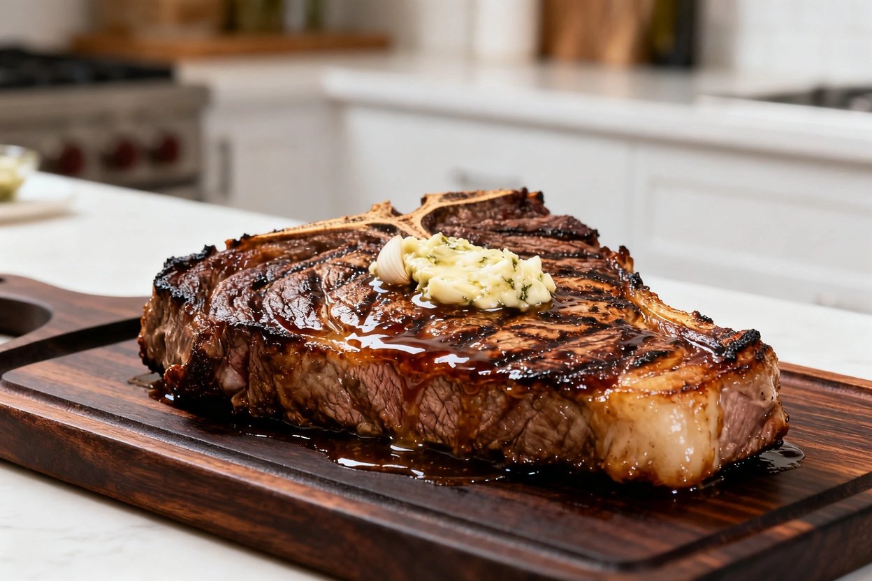ibeye steak glazed with rich garlic butter, captured at a 45-degree angle to emphasize the marbling