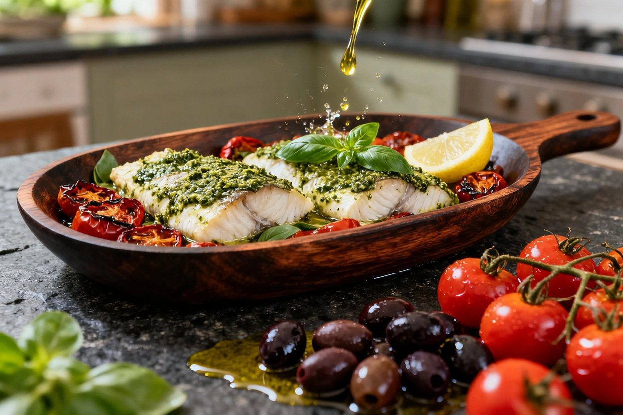 es) of the Mediterranean baked cod dish, displayed in a dark wood serving vessel. The cod fillets, v
