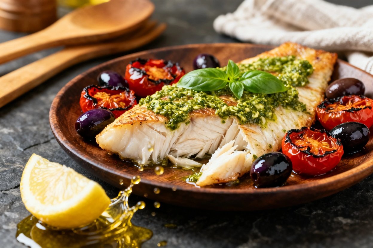 ) focusing on the texture and details of the Mediterranean baked cod dish. Highlighting the flaked c