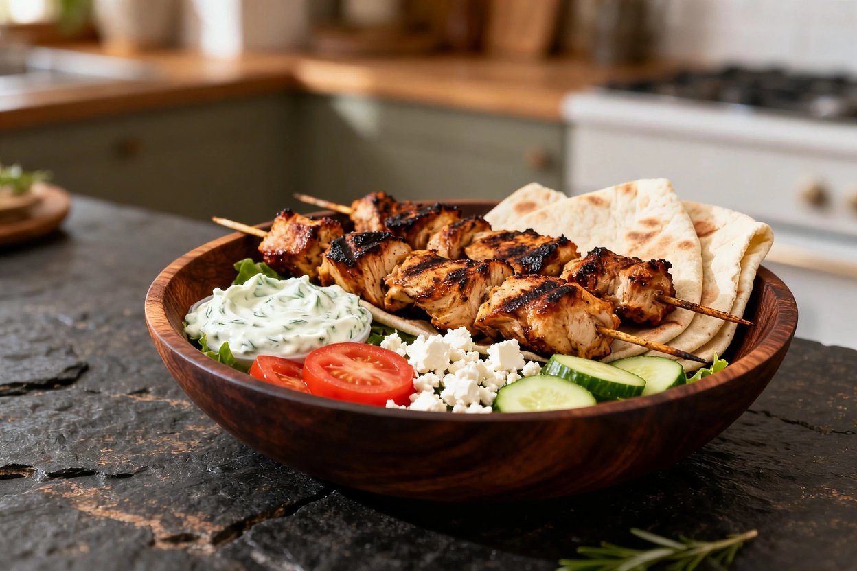 spective of the Mediterranean grilled chicken souvlaki, maintaining the same portion and dish presen