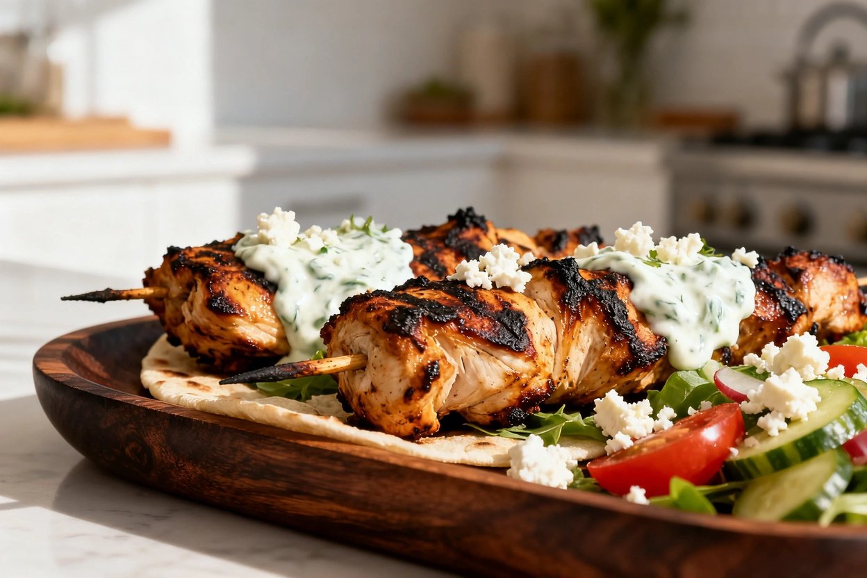 zing the texture and details of the Mediterranean grilled chicken souvlaki, plated on dark wood serv