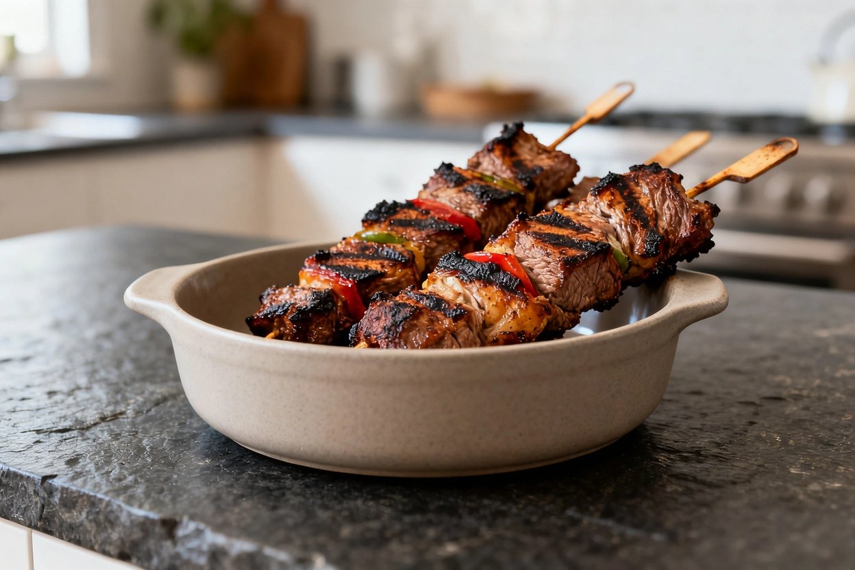 approximately 30–40 degrees, of the same portion and presentation of grilled lamb kebabs as Image 1, showing the succulent and freshly grilled pieces.