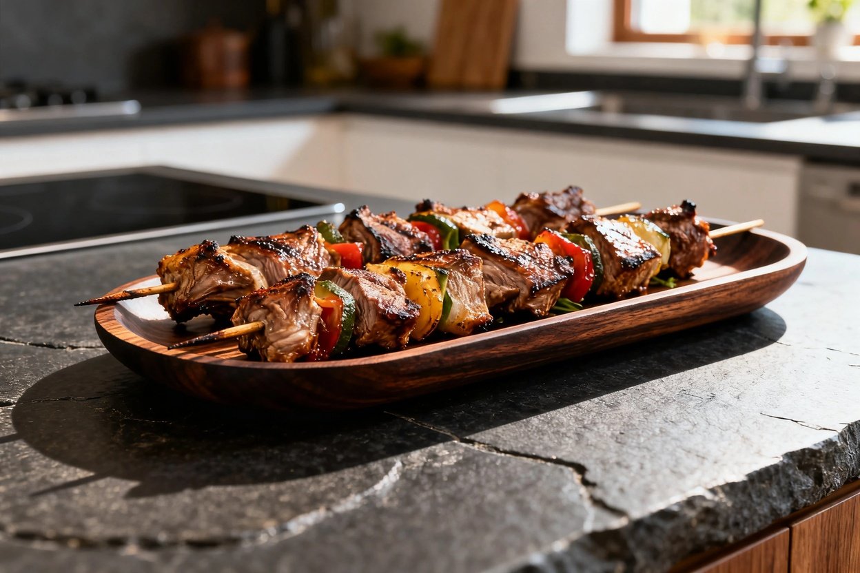 45 degrees, emphasizing the texture of the grilled lamb kebabs. Plated on dark wood serving dishware with vibrant vegetables.